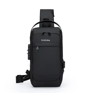Black waterproof crossbody chest bag with security combination lock and USB charging port
