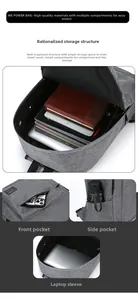 Λεπτομερής προβολή γκρι σακιδίου με θύρα USB, θήκη laptop και εσωτερική οργάνωση