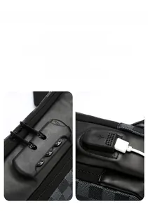 Detail view of anti-theft combination lock and USB charging port on chest bag