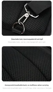 Details des abnehmbaren Metallhakens und atmungsaktivem Mesh-Rückenteil der schwarzen Tasche