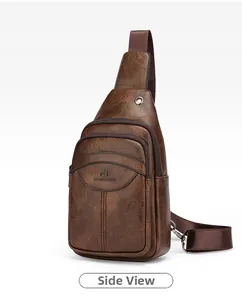 Side view of retro brown faux leather chest bag showing texture and zippers