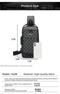 Detailed size parameters for the grey checkered anti-theft sling bag with security lock