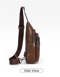 Side view of vintage brown PU leather men's chest bag with adjustable nylon shoulder strap