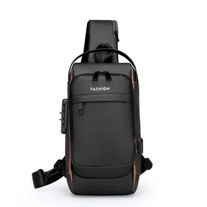 Multifunctional anti-theft chest bag for men with lock and USB port in black and brown
