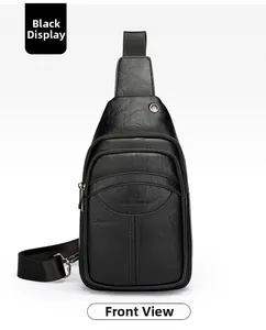 Front view of black sling bag showing litchi texture PU leather and metal zippers
