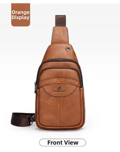 Front view of orange leather sling bag for men with textured finish and metal zippers