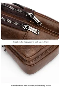 Close-up of durable brown leather texture and smooth metal zippers on men's chest bag