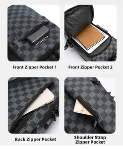 Detail view of checkerboard crossbody bag featuring multi-pocket storage and tablet compartment
