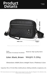 Men's black crossbody bag size chart showing 23cm width and synthetic leather details