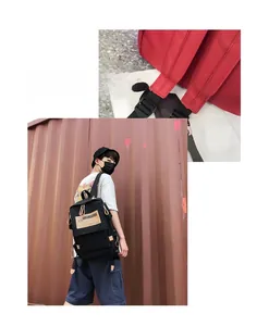 Detail view of durable canvas backpack straps and trendy industrial style bag design