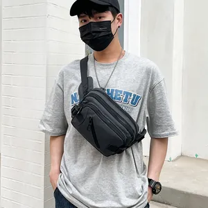 Men black crossbody chest bag with multi-zipper pockets and wide adjustable strap