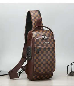 Detail of men's checkered chest bag with a secure three-digit combination lock and zipper