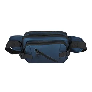 Men's navy blue waterproof nylon fanny pack with multiple zippers and adjustable strap