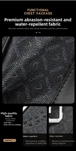 Detail view of waterproof and wear-resistant black chest bag with printed texture