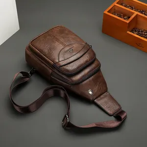 Vintage dark brown leather chest bag for men with textured finish and adjustable strap