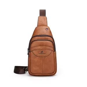 Brown vintage faux leather men's chest bag with multiple zipper pockets and headphone port