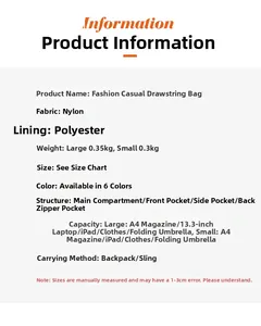 Tableau des tailles et spécifications du matériau pour le sac de sport en nylon à cordon