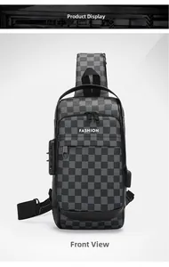 Detail of crossbody bag with grey checkered pattern, anti-theft lock and USB port