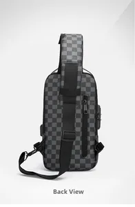 Detail view of chess pattern sling bag back with USB port and anti-theft zipper pocket