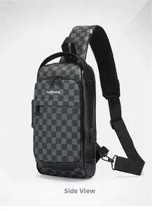 Detail of chest bag with USB port, anti-theft combination lock and grey checkerboard pattern