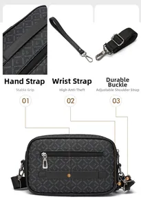 Detail of crossbody bag with SAOINI letter print, detachable straps and metal buckles