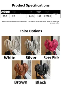 Size chart and dimensions for heart-shaped PU leather crossbody bag with chain detail