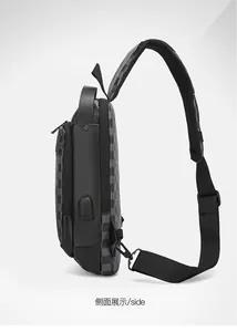 Side view of men's crossbody bag showing USB charging port and breathable mesh strap