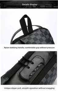 Detail view of anti-theft combination lock and sturdy nylon handle on checkered chest bag