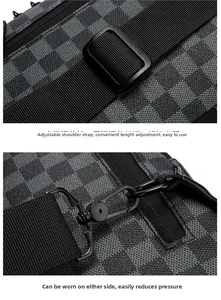 Detail of adjustable strap buckle and metal swivel hook on checkerboard crossbody bag