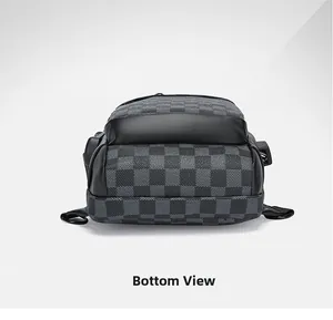 Detailed bottom view of water-resistant chess pattern sling bag with wide storage base