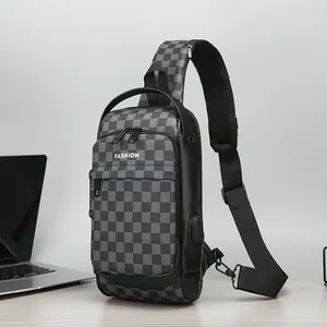 Men Anti-theft Chest Bag PU Leather Water-repellent Sling Bag With USB Charging Port And Password Lock Checkered Crossbody Backpack