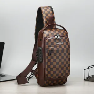 Men's crossbody chest bag with brown checkered pattern and secure TSA lock feature