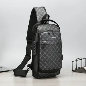 Grey patterned men's chest bag with anti-theft combination lock and fashion print