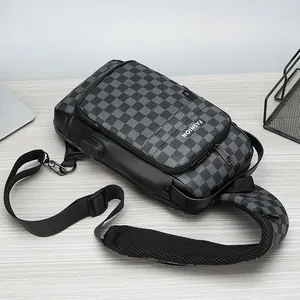 Waterproof men's sling bag with checkerboard pattern, USB port and security lock
