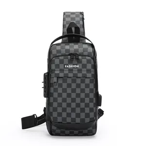 Mens waterproof checkered chest bag with anti-theft lock and USB charging port