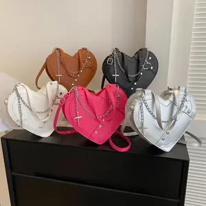 Women Heart Shaped PU Leather Crossbody Bag With Metal Chain Rivet Cross Pendant Punk Gothic Y2K Style Shoulder Handbag