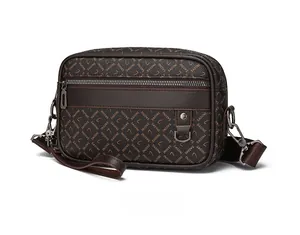 Detail of dark brown men's crossbody bag featuring monogram print and multiple pockets