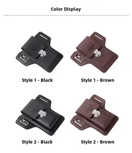 Detail view of leather phone holsters in black and brown with secure metal buckle closures