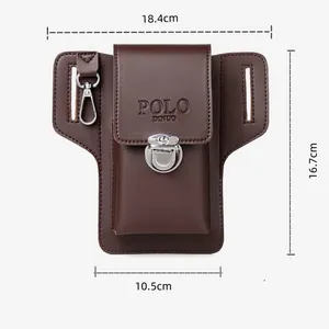Detailed view of brown leather belt pouch with metal buckle and belt loop dimensions