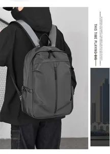 Detail view of large capacity dark grey backpack with waterproof nylon and urban design