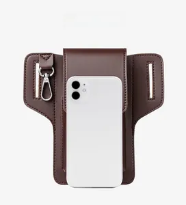 Close-up of brown leather phone holster with metal carabiner and belt loops for belt