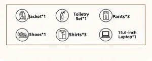 Illustrazione della capacità per giacca, kit da toilette, pantaloni, scarpe e laptop da 15,6 pollici