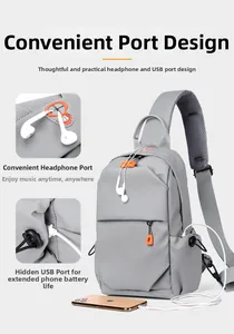 Detail of crossbody sling bag with USB charging port, headphone hole and grey nylon fabric