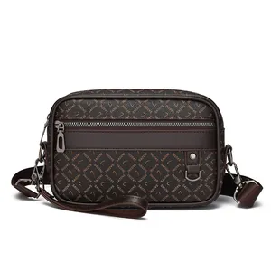 Men's brown crossbody bag with SADINI monogram print and adjustable shoulder strap