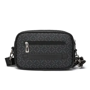 Men's black printed crossbody bag with adjustable strap and metallic accents on white back