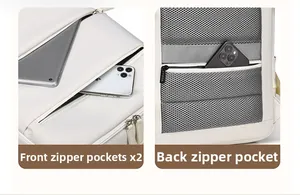 Vista dei dettagli di due tasche anteriori con zip e una tasca antifurto sul retro
