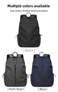 Detail of waterproof nylon backpack in black, dark grey, and blue color options