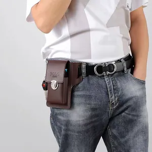 Close-up of brown textured leather phone pouch with belt loop and metal keychain clip