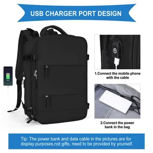 Large capacity travel backpack in black with integrated USB charging port and waterproof fabric