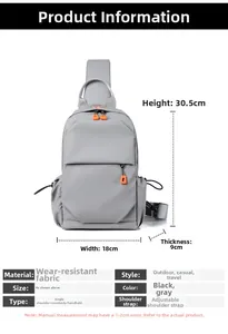 Detailed view of grey Oxford chest bag with dimensions 30.5x18x9cm and orange zipper details